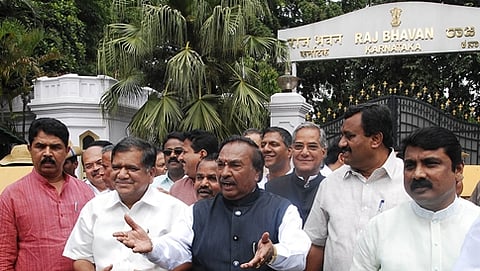 ಪ್ರತಿಭಟನಾನಿರತ ಬಿಜೆಪಿ ಮುಖಂಡರು (ಫೋಟೋ ಕೃಪೆ: ಕೆಪಿಎನ್)