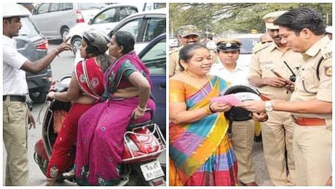 ಹಿಂಬದಿ ಸವಾರರಿಗೆ ಹೆಲ್ಮೆಟ್ ತೊಡಿಸದವರಿಗೆ ಬುದ್ದಿ ಹೇಳುತ್ತಿರುವ ಟ್ರಾಫಿಕ್ ಪೊಲೀಸ್, ಬಲ ಚಿತ್ರದಲ್ಲಿ ಹೆಲ್ಮೆಟ್ ಕಡ್ಡಾಯದ ಬಗ್ಗೆ ತಿಳಿ ಹೇಳುತ್ತಿರುವ ಪೊಲೀಸ್ ಸಿಬ್ಬಂದಿ