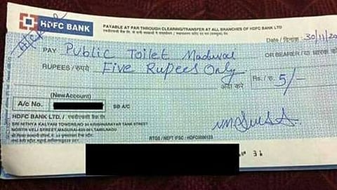 5 ರೂಪಾಯಿ ಬರೆದುಕೊಟ್ಟ ಚೆಕ್