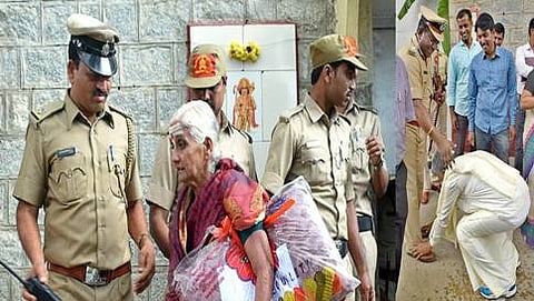 ವಯಸ್ಸಾದ ಮಹಿಳೆಯೊಬ್ಬರು ಜೈಲಿನಿಂದ ಹೊರ ಬರುತ್ತಿರುವುದು.