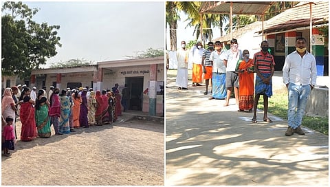 ಮತಗಟ್ಟೆಗಳ ಮುಂದೆ ಮತದಾರರು ನಿಂತಿರುವುದು
