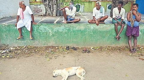 ಮರದ ಕೆಳಗೆ ಕುಳಿತಿರುವ ಕ್ಯಾತಗನಚರುಲು ಗ್ರಾಮಸ್ಥರು (ಟಿಎನ್ಐಇ ಚಿತ್ರ)