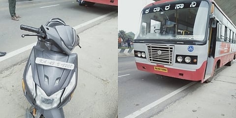 ಕೆಎಸ್ ಆರ್ ಟಿಸಿ ಬಸ್ ಮತ್ತು ಅಪಘಾತಕ್ಕೀಡಾದ ಸ್ಕೂಟರ್