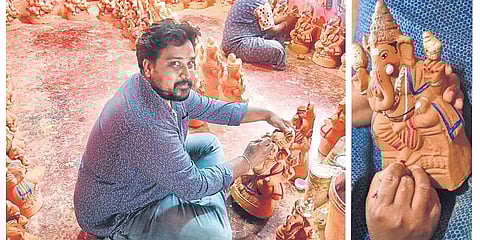 ಗಣೇಶ ಮೂರ್ತಿ ತಯಾರಿಕೆಯಲ್ಲಿ ತೊಡಗಿರುವ ಕಿರಣ್ ಬಾಲು