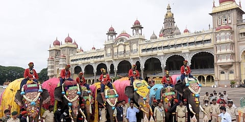 ಮೈಸೂರು ಅರಮನೆ ಮುಂದೆ ಜಯಮಾರ್ತಾಂಡ ದ್ವಾರದಲ್ಲಿ ಆನೆಗಳಿಗೆ ಅದ್ದೂರಿ ಸಾಂಪ್ರದಾಯಿಕ ಸ್ವಾಗತ