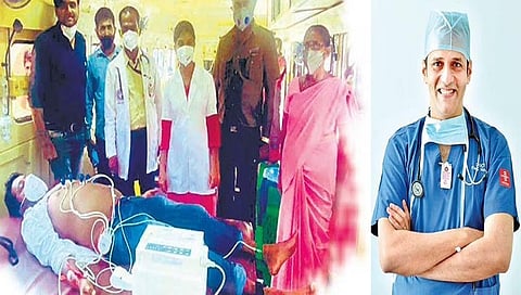 ಬಂಟ್ವಾಳದಲ್ಲಿರುವ ಕೆಎಸ್ಆರ್ಟಿಸಿ ಮೊಬೈಲ್ ಐಸಿಯು ಘಟಕದಲ್ಲಿ ಇಸಿಜಿ ಪರೀಕ್ಷೆಗೊಳಗಾಗಿರುವ ವ್ಯಕ್ತಿ ಹಾಗೂ ಹೃದ್ರೋಗ ತಜ್ಞ ಪದ್ಮನಾಭ ಕಾಮತ್'
