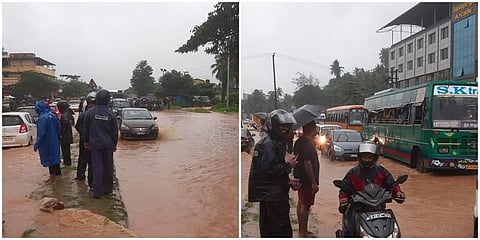 ಧಾರಾಕಾರ ಮಳೆಗೆ ರಸ್ತೆ ಜಲಾವೃತವಾಗಿರುವುದು