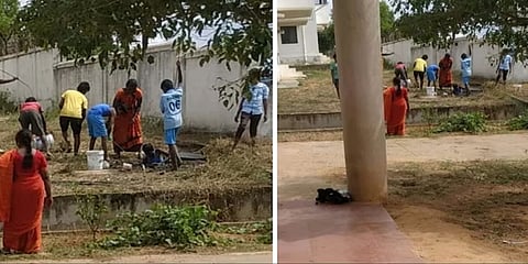 ಶಾಲಾ ಮಕ್ಕಳಿಂದ ಶೌಚ ಗುಂಡಿ ಸ್ವಚ್ಛತೆ ಕಾರ್ಯ