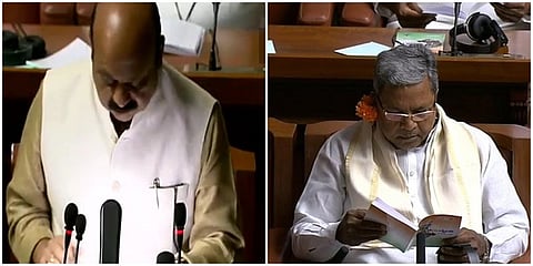 ವಿಧಾನಸೌಧಕ್ಕೆ ಸಿಎಂ ಬಜೆಟ್ ಭಾಷಣ ವೇಳೆ ಕಿವಿ ಮೇಲೆ ಹೂವು ಇಟ್ಟುಕೊಂಡು ಬಂದ ವಿಪಕ್ಷ ನಾಯಕ ಸಿದ್ದರಾಮಯ್ಯ ಮತ್ತು ಇತರರು