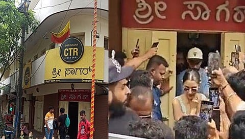 ಶ್ರೀಸಾಗರ್ ಹೋಟೆಲ್ ನಿಂದ ಹೊರಬರುತ್ತಿರುವ ನಟಿ ಅನುಷ್ಕಾ.