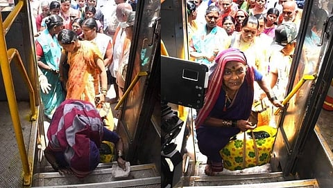 ಬಸ್ಸಿಗೆ ನಮಸ್ಕರಿಸುತ್ತಿರುವ ಮಹಿಳೆ.