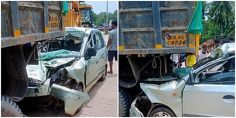 ಕಾರನ್ನು 2 ಕಿ.ಮೀ ವರೆಗೂ ಎಳೆದೊಯ್ದ ಟಿಪ್ಪರ್ ಲಾರಿ