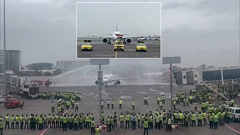 Aircraft of Indian Cricket Team gets a water salute at Mumbai International Airport