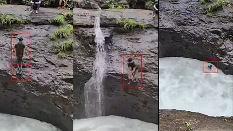 Man jumps into an overflowing waterfall at Tamhini Ghat