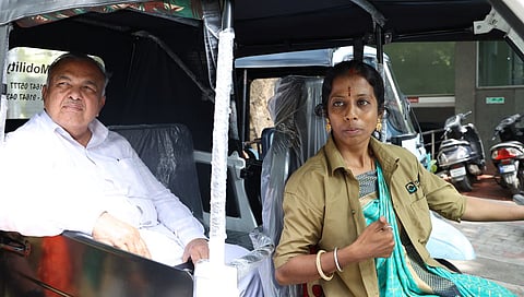 Transport Minister Ramalinga Reddy takes a ride on an auto driven by a woman driver in Bengaluru on Monday