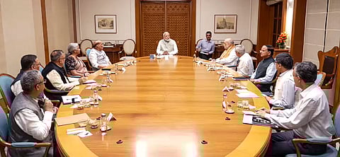 Prime Minister Narendra Modi chairs a meeting of the Cabinet Committee on the situation in Bangladesh, in New Delhi, Monday, Aug. 5, 2024. Sheikh Hasina on Monday resigned as prime minister of Bangladesh and fled the country.