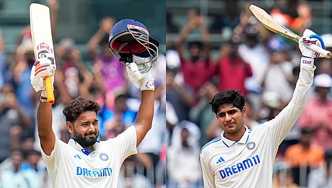 India's Rishab Pant (L) and Shubman Gill celebrate their centuries in the first test cricket match between India and Bangladesh