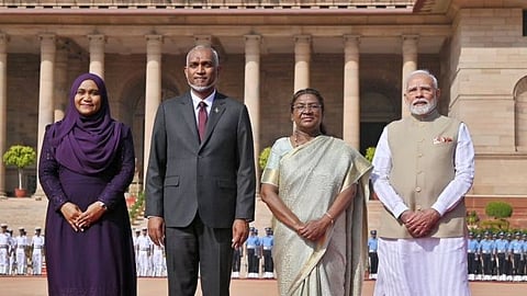 Maldivian President Mohamed Muizzu with President Droupadi Murmu and Prime Minister Narendra Modi at Rashtrapati Bhavan