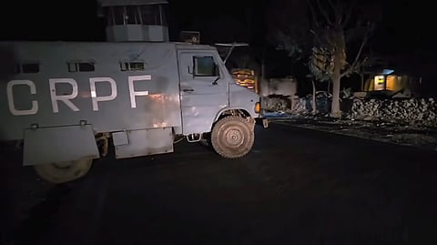 A CRPF vehicle at the site as security forces cordon off the area after a terrorist attack, in Ganderbal district, Jammu & Kashmir on Sunday.