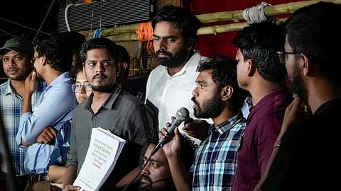 Junior doctors address the media before they leave for Nabanna (State Secretariat) for a meeting with West Bengal Chief Minister Mamata Banerjee, at the site of their hunger strike in Kolkata.