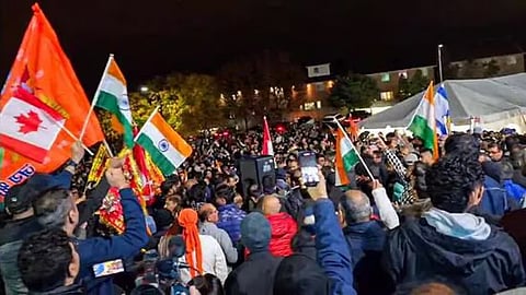 A massive crowd gathered outside Hindu Sabha Mandir in solidarity with the temple and the community after the Khalistani attack in Brampton, Canada on November 4.