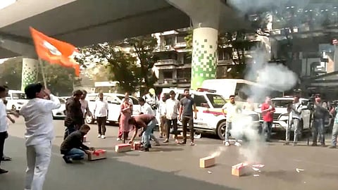Shiv Sena workers celebrate as the early trends show the BJP-led Mahayuti is all set to win the Maharashtra elections