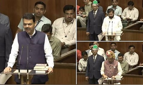 Maharashtra Chief Minister Devendra Fadnavis with Deputy Chief Ministers Eknath Shinde and Ajit Pawar.