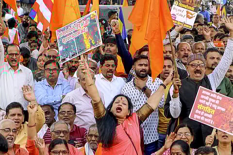 People take part in a protest organised by Sakal Hindu Samaj against the atrocities on religious minorities in Bangladesh, in Nagpur
