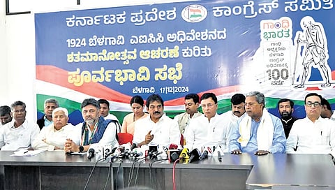 AICC general secretary KC Venugopal addresses a press conference, as CM Siddaramaiah, DCM DK Shivakumar and others look on, in Belagavi on Tuesday