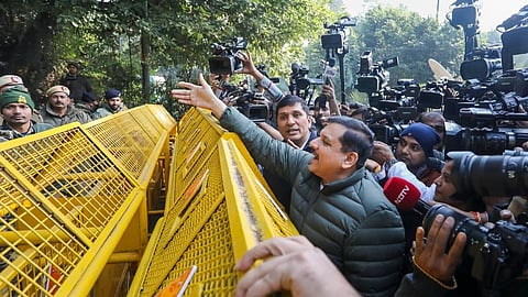Aam Aadmi Party (AAP) leaders Sanjay Singh and Saurabh Bharadwaj arrive at Delhi Chief Minister Atishis official residence, in New Delhi, Wednesday, Jan. 8, 2025.