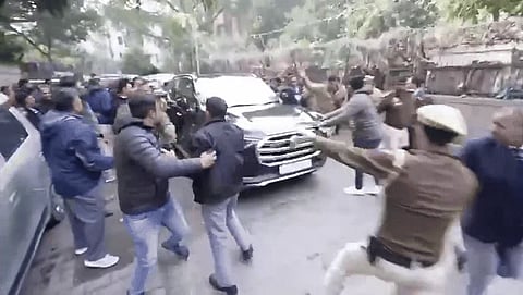 The AAP claimed that a stone was thrown at Arvind Kejriwal's vehicle.
