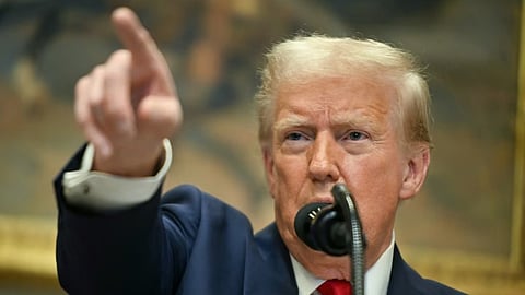 US President Donald Trump speaks in the Roosevelt Room at the White House on January 21, 2025, in Washington, DC. 