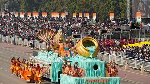 Uttar Pradesh tableau on display during the Republic Day Parade 2025 at the Kartavya Path, in New Delhi