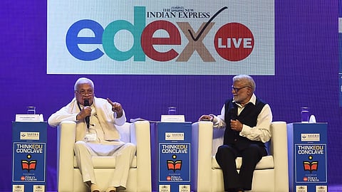 Bihar Governor Arif Mohammed Khan (L) shares his insights on 'Role of Morality in Indian Education' at TNIE's ThinkEdu Conclave 2025 in Chennai on Tuesday, Jan. 28, 2025.