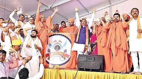Former DCM K S Eshwarappa and seers during the launch of Krantiveera Brigade in Basavana Bagewadi, Vijayapura district.
