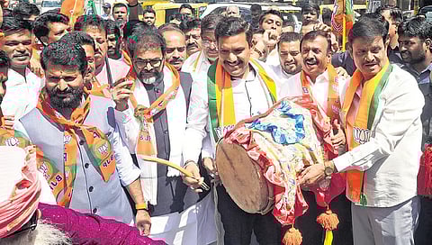 BJP leaders celebrate the victory of the party in the Delhi elections,