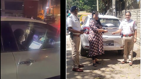 ಕಾರಿನಲ್ಲಿ ಲ್ಯಾಪ್‌ಟಾಪ್‌ನಲ್ಲಿ ಕೆಲಸ ಮಾಡುತ್ತಿರುವ ಮಹಿಳೆ. 