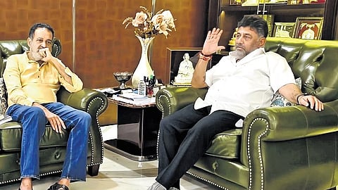 Former Infosys CFO TV Mohandas Pai calls on Deputy Chief Minister DK Shivakumar at the latter’s residence, in Bengaluru on Saturday