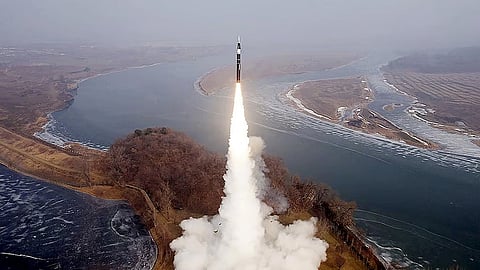 This photo provided by the North Korean government, shows what it says a test fire of new type intermediate-range hypersonic ballistic missile. Image used for representative purposes only