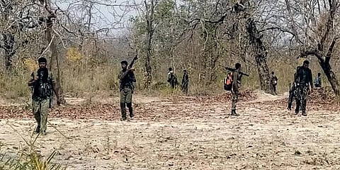 Security personnel at the site of the Naxal attack at the Bijapur border district in Chhattisgarh.