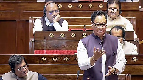 Union Minister of Minority Affairs Kiren Rijiju speaks in the Rajya Sabha during the Budget session of Parliament, in New Delhi, Thursday, April 3, 2025.
