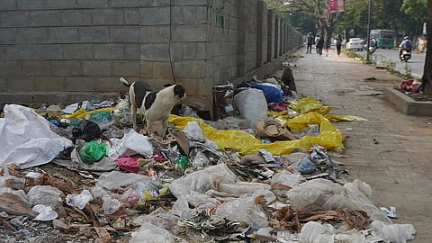 Trash dumped on the footpath near Fun World irks pedestrians and visitors in Bengaluru. 