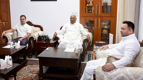 Rahul Gandhi, Mallikarjuna Kharge and Tejasvi Yadav 