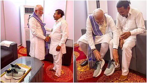 PM Modi meets Rampal, who pledged to walk barefoot 