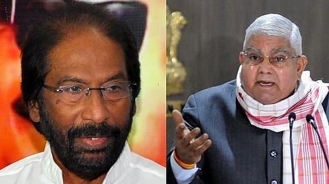 DMK deputy general secretary and Rajya Sabha member Tiruchi Siva (L), Vice President Jagdeep Dhankhar.