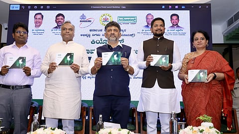DCM DK Shivakumar inaugurates KEONICS’ new e-commerce portal, as IT/BT Minister Priyank Kharge, KEONICS chairman MLA Sharath Bachegowda, and IT/BT Secretary Ekroop Caur look on, in Bengaluru.