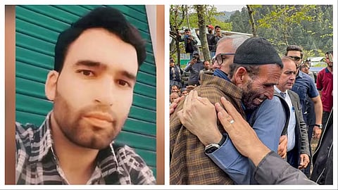 Omar Abdullah consoles the father of Syed Adil Hussain Shah 