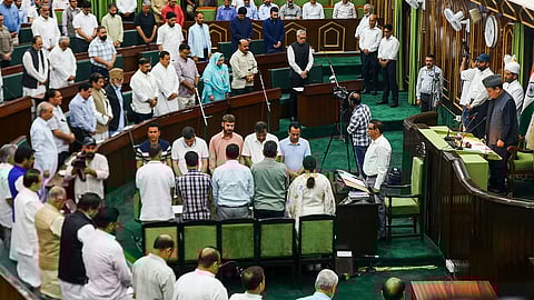 Jammu and Kashmir Chief Minister Omar Abdullah with MLAs observes silence to pay tributes to the victims of Pahalgam terror