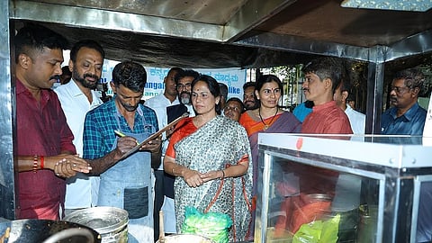 Union Minister of State for Labour and MSME Shobha Karandlaje on a signature campaign on expelling Pakistani nationals from the state, in Bengaluru, on Monday. 