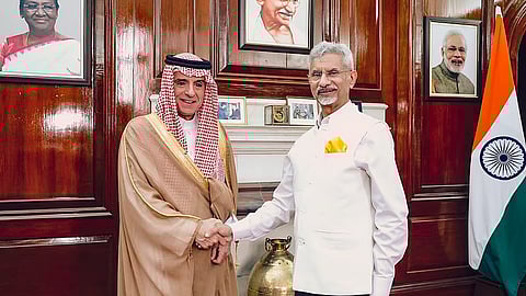 External Affairs Minister S Jaishankar shakes hands with Minister of State for Foreign Affairs of Saudi Arabia Adel al-Jubeir during a meeting, in New Delhi, on May 8, 2025.